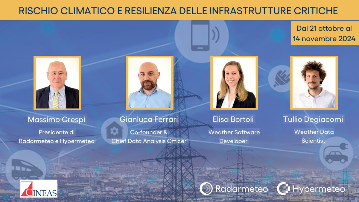 📷 Al via il 21 ottobre, il nuovo corso "𝐑𝐢𝐬𝐜𝐡𝐢𝐨 𝐜𝐥𝐢𝐦𝐚𝐭𝐢𝐜𝐨 𝐞 𝐫𝐞𝐬𝐢𝐥𝐢𝐞𝐧𝐳𝐚 𝐝𝐞𝐥𝐥𝐞 𝐢𝐧𝐟𝐫𝐚𝐬𝐭𝐫𝐮𝐭𝐭𝐮𝐫𝐞 𝐜𝐫𝐢𝐭𝐢𝐜𝐡𝐞" organizzato da #Cineas e coordinato da Massimo Crespi - <a href="/radarmeteosrl/">Radarmeteo</a> e <a href="/hypermeteo/">Hypermeteo</a> e Mario Martina -<a href="/IussPavia/">IUSS PAVIA</a>.