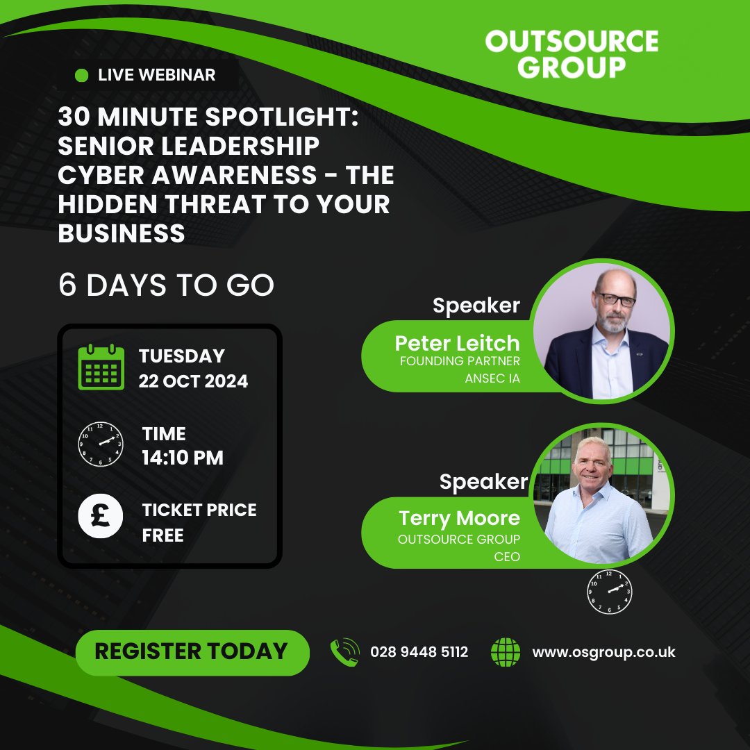 Just 6 days to go until our 30 Minute Spotlight Webinar - Senior Leadership Cyber Awareness - The Hidden Threat to your Business
Speakers:
Peter Leitch, Founding Partner of ANSEC IA
Terry Moore, CEO of Outsource Group
Register Now: lnkd.in/eDJ5tEaB to secure your spot