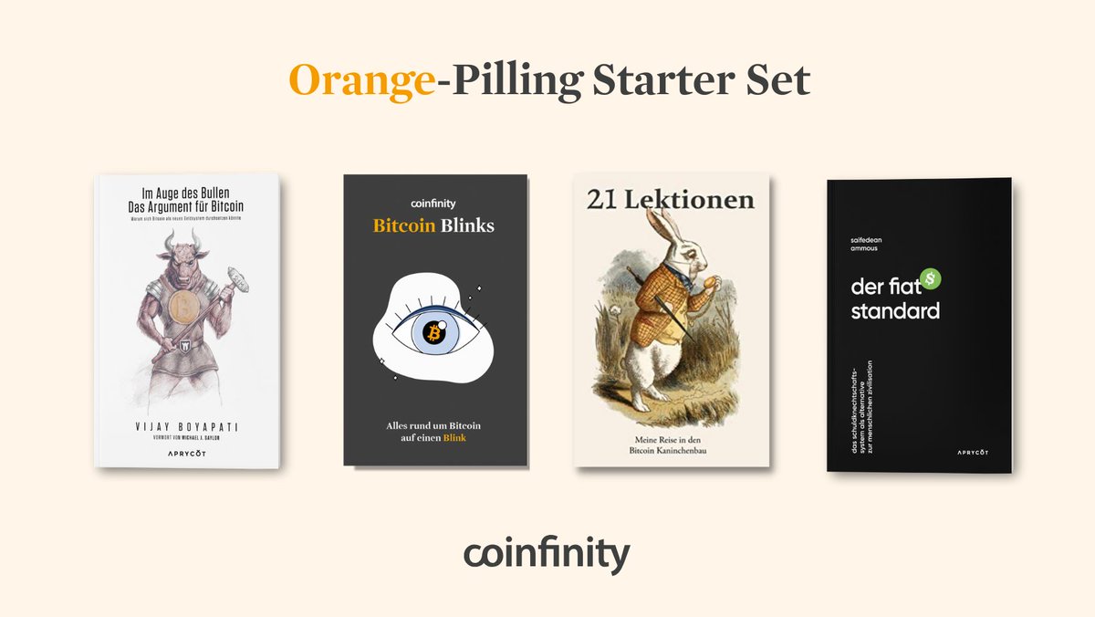 Wir verlosen wieder ein Orange-Pilling Starter Set! 📙📙📙📙

Geballtes #Bitcoin-Wissen von <a href="/aprycotmedia/">Aprycot Media 📚</a> zum Lesen und/oder Verschenken! ⚡️

🐂 Im Auge des Bullen
👁️ Bitcoin Blinks  
🐇 21 Lektionen
🖨️ Der Fiat-Standard

Herzen, teilen und uns folgen um mitzumachen! 🧡