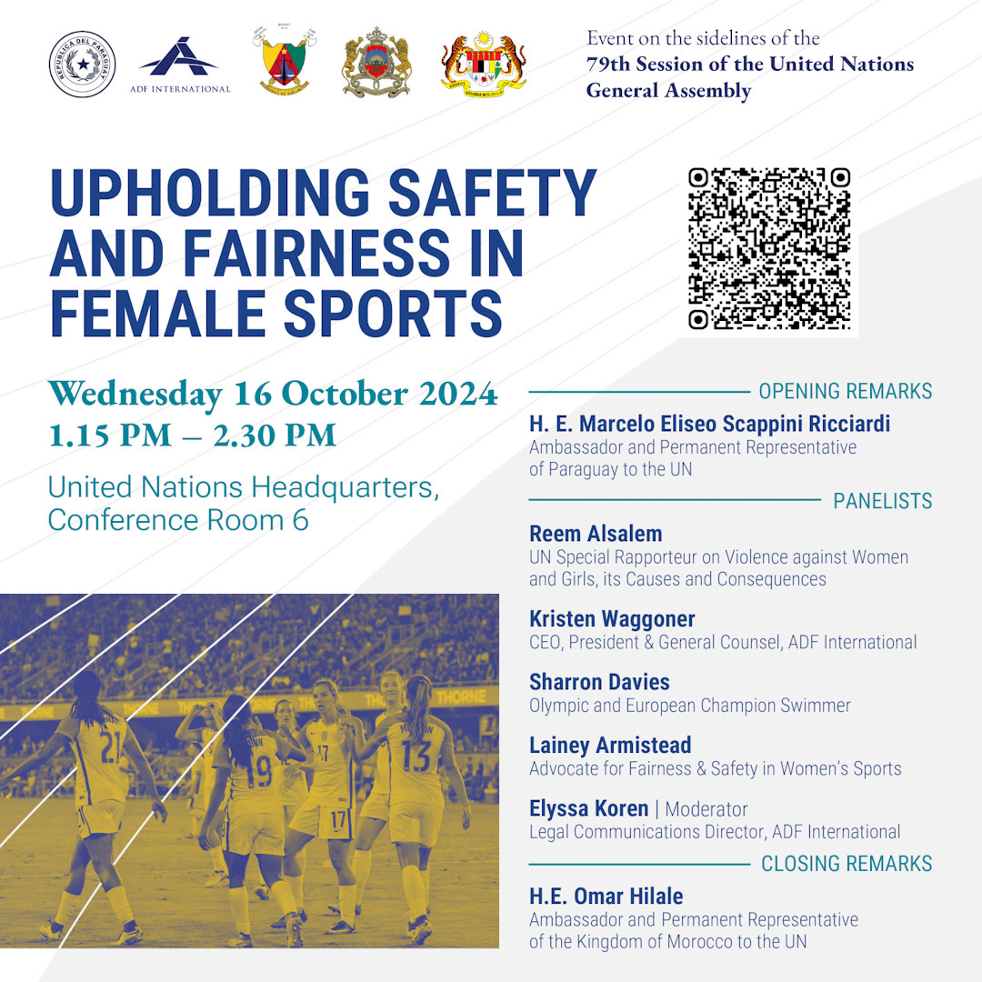 HAPPENING TODAY🚨Our <a href="/ADFIntl/">ADF International</a> team, @KWaggonerADF, and our client Lainey Armistead will be <a href="/UN/">United Nations</a> HQ to advocate for the rights of women and girls in sports.

🔗LIVESTREAM @ 1:15pm ET: bit.ly/3UaPyru

Protecting safety, fairness, &amp; opportunity for women in sports is a human