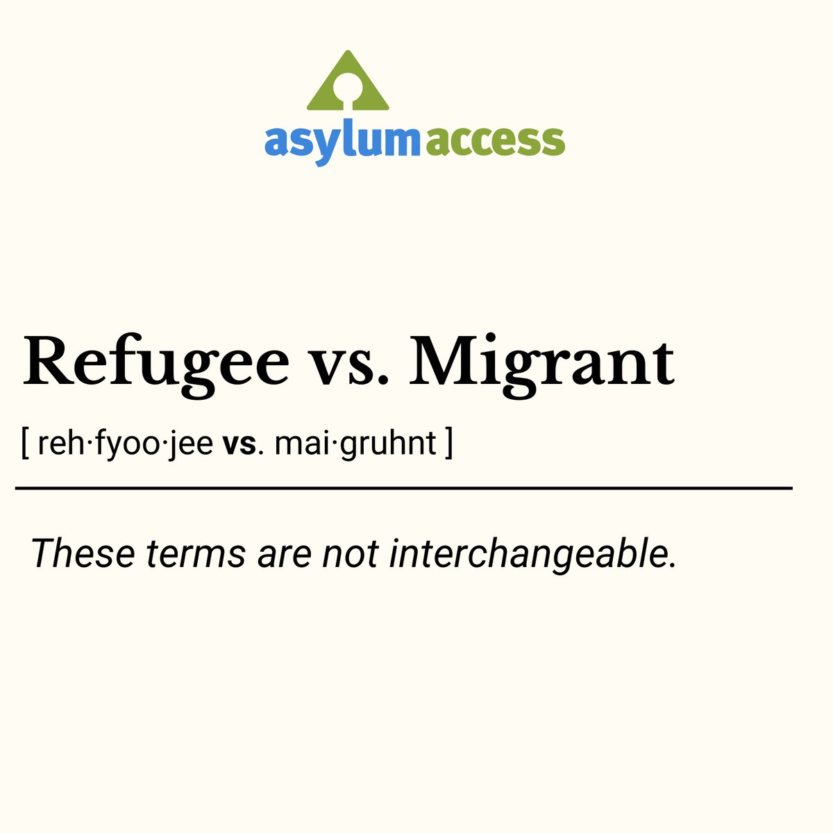 Refugee or migrant? 🤔
These terms are not interchangeable.☝🏽
A refugee is someone forced to leave due to persecution.
A migrant moves for different reasons. 

🚨Misusing these words affects policy and protection.

 #LanguageMatters #RefugeeNotMigrant #HumanitarianLaw