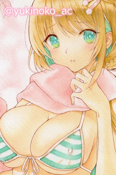 お顔のアップと出品ページです。 綺麗にお肌が塗れたのでぜひよろしくお願いします #手描きイラスト #オリジナルキャラクター #オリジナルイラスト #コピック #透明水彩 #水彩画 #絵師 #創作 #女の子 #アナログイラスト #アナログ絵 #水着