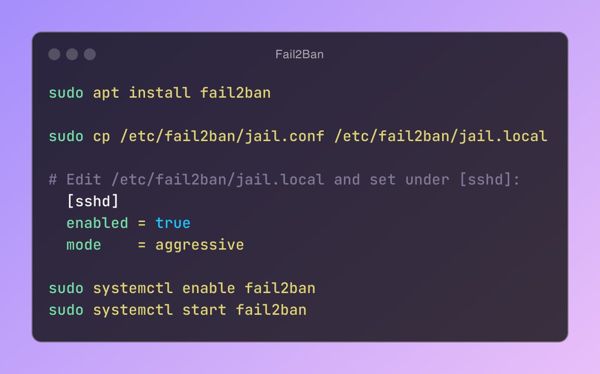 kkyrio's tweet image. ❌ SSH alone won't protect your self-hosted SaaS
Fail2Ban: your SSH's watchdog
5 unauthorized connection attempts = 10 min IP ban⏳
Stops brute-force and session flooding attacks
Don't just lock the door. Post a guard ✅