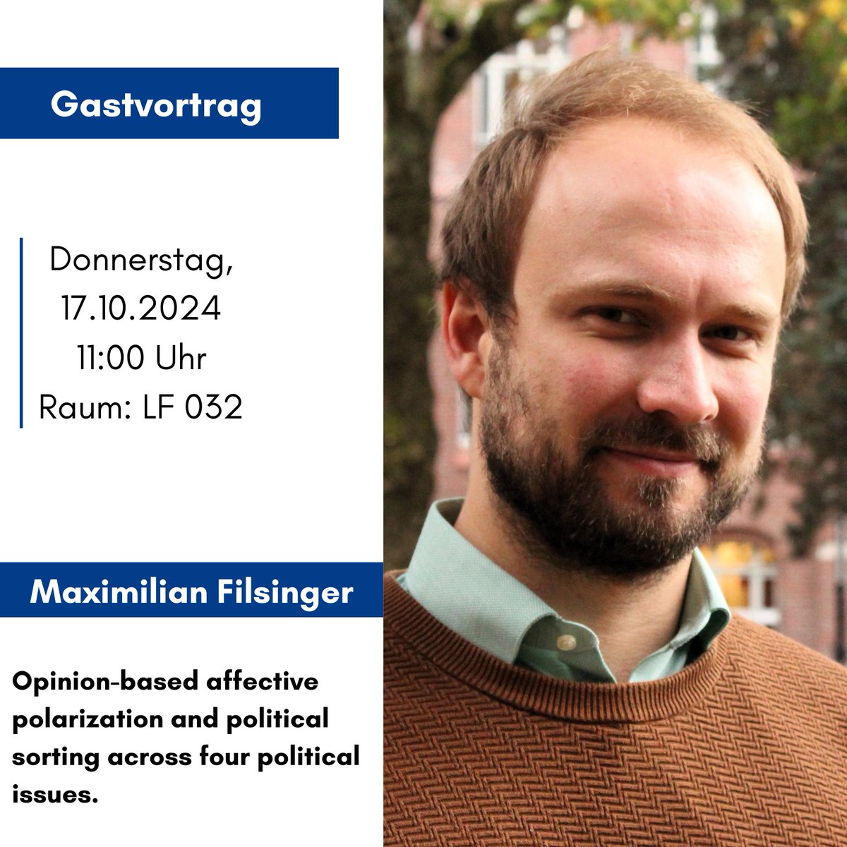 Tomorrow, on October 17, 2024, we're excited to welcome @M_Filsinger as our guest speaker! He will be presenting on: "Opinion-based affective polarization and political sorting across four political issues."
#PoliticalScience #Polarization