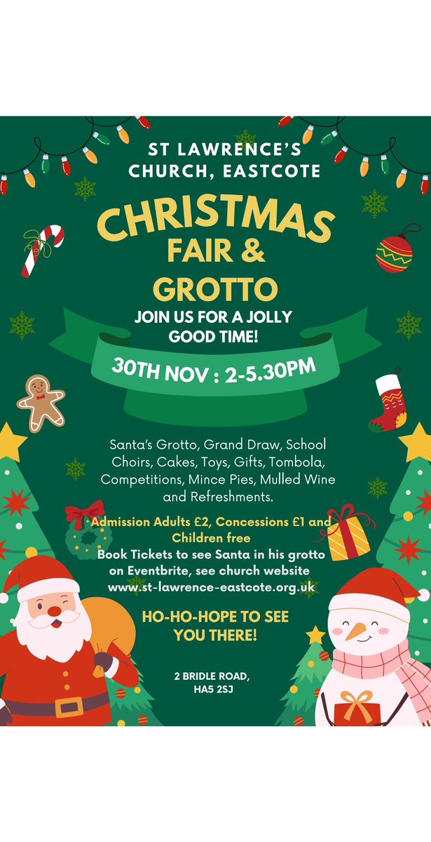 We’re very excited to announce details of this year’s #ChristmasFair. More details including how to book for #SantasGrotto and how to enter our fabulous new #ArtsandCrafts competition coming soon! #ChristmasFete #ChurchFair #Community #Eastcote.