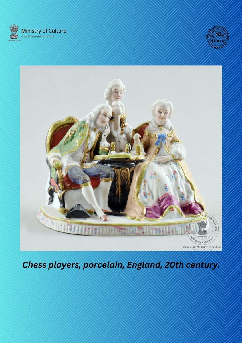 sjmhyd's tweet image. Check out this dainty porcelain group, a chess game in progress, a man and a woman playing chess sitting on chairs. A third woman is standing in between, from England, dated to the 20th century.
#SalarJungMuseum #chessplayers