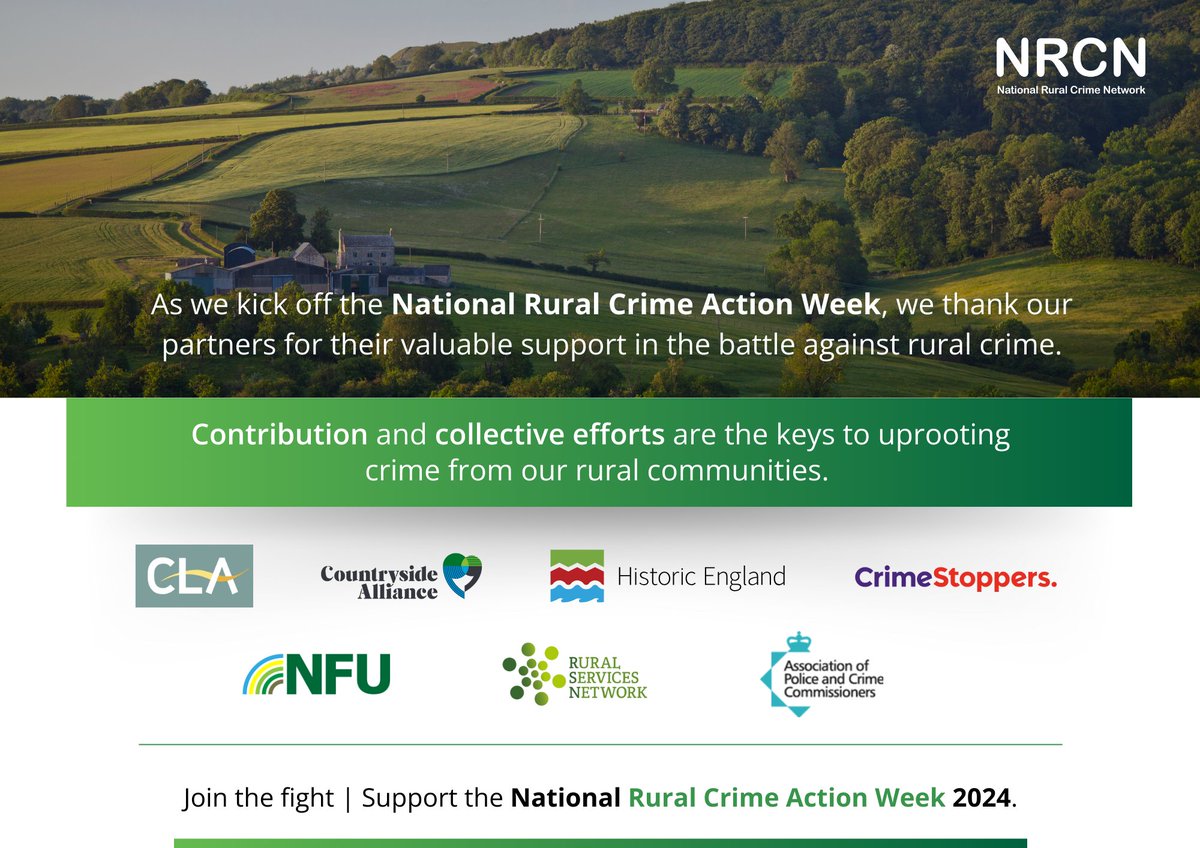 RuralCrimeNtwk's tweet photo. As we gear up for National Rural Crime Action Week, we want to extend our appreciation to our incredible partners – @CLAtweets, @NFUtweets, @HistoricEngland, @CAupdates, @CrimestoppersUK, @AssocPCCs, &amp; @RSNonline.
Their support is crucial to our mission of tackling #ruralcrime. https://t.co/XBCLrArxPZ