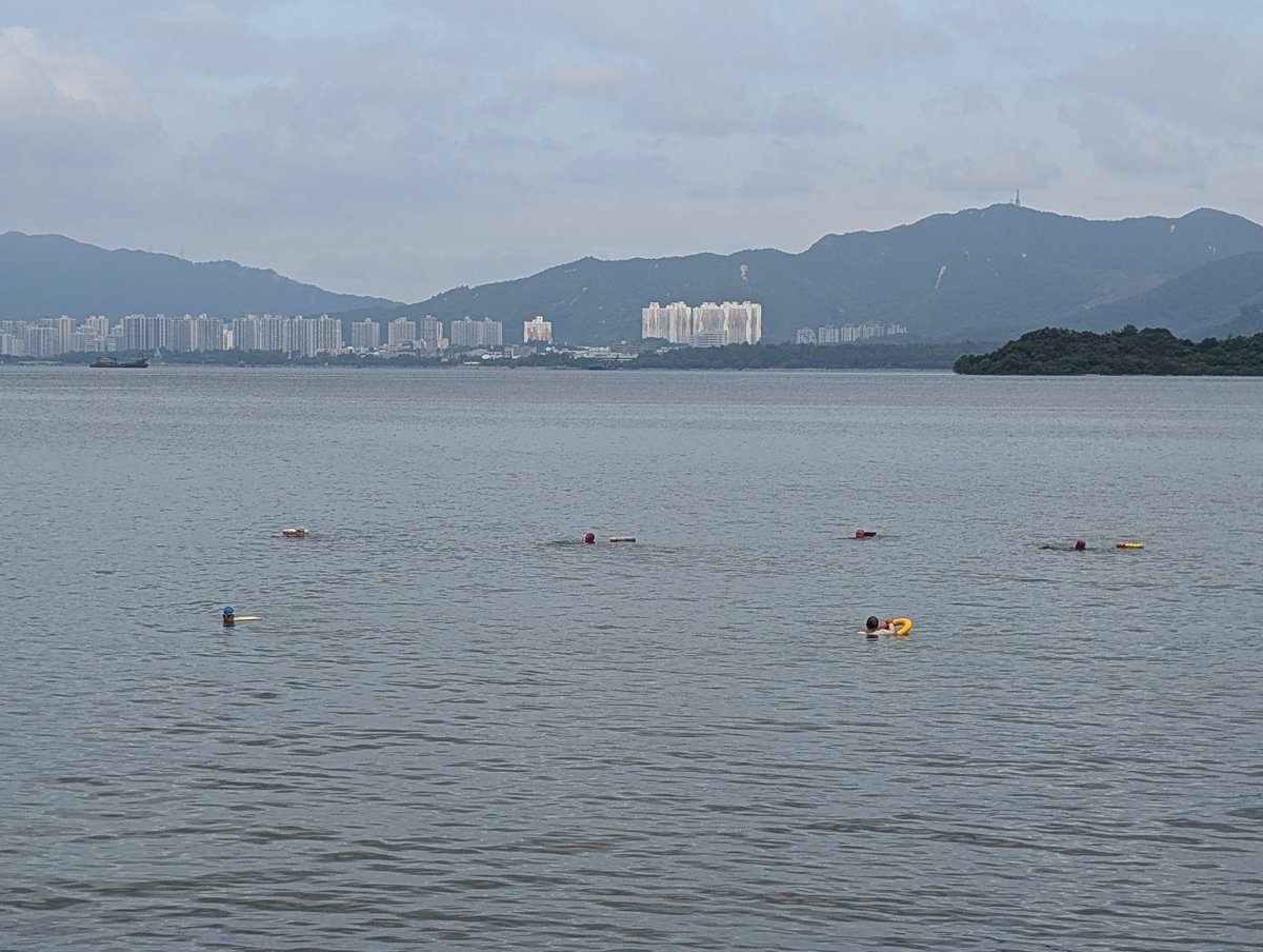 临近十五潮水很高，快漲到岸邊了。遠眺慈山寺觀音，海水中晨泳大媽大聲傾解😃