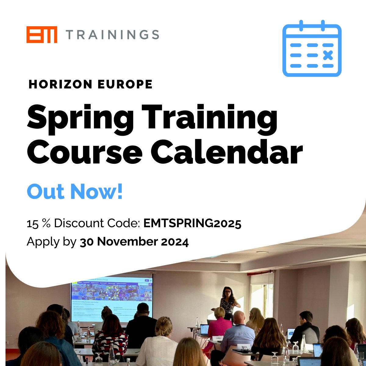 📅 Our Spring 2025 Training Calendar is here!

We're excited to share our line-up of in-person courses at new locations, along with online webinars that you can join remotely. Whether you're preparing for the 2025 Work Programmes or managing an ongoing #HorizonEU project, we have