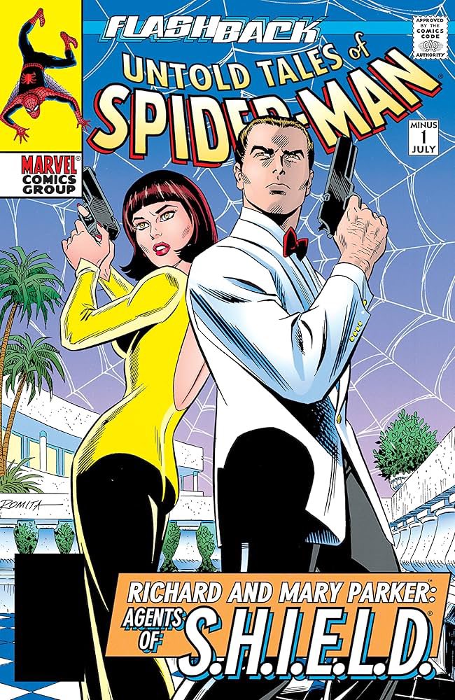 Eric_Die_Spinne's tweet photo. @SpideyPodcast Either of these from the late 1990’s “Flashback” month: Peter and Uncle Ben meet the Marvel Monsters, or Peter’s parents are super spies. https://t.co/6H9jrKpbJf
