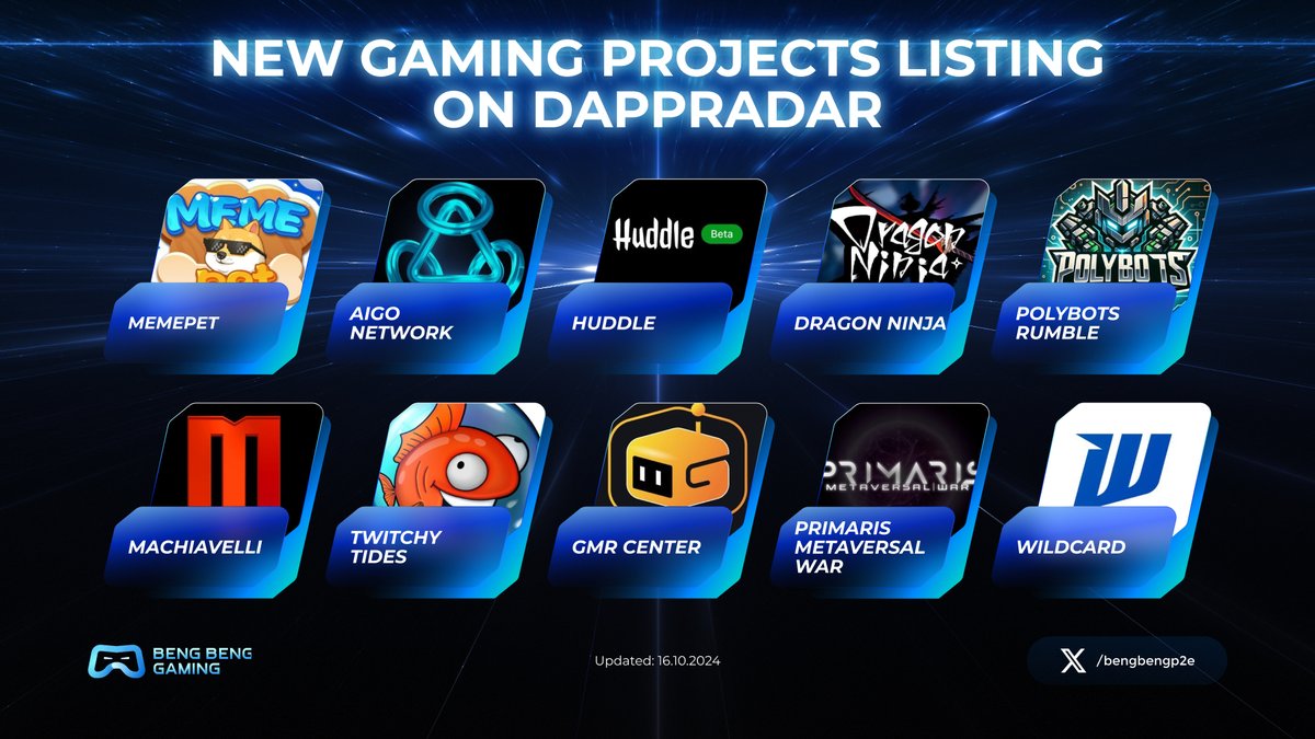 🚀 Check out the latest gaming projects making waves on DappRadar! These new entries are shaking up the Web3 gaming scene. Which one will you explore next?

<a href="/memepet_tg/">MemePet News</a>
@aigo_network
<a href="/huddle_wtf/">Huddle</a>
@dragonninja_io
@polybotsrumble
<a href="/Machiavellic_io/">Machiavellic, a Sandbox MMO</a>
<a href="/TwitchyTides/">Twitchy Tides</a>
<a href="/GMRCenter/">GMR</a>