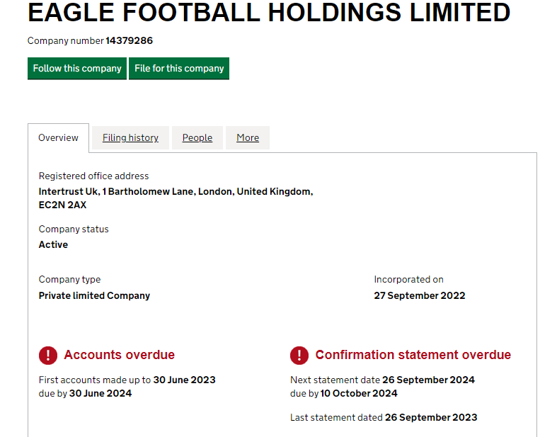 theesk's tweet image. Eagle Football Holdings, the company majority owned by John Textor, and the largest shareholder in #CPFC and Olympique Lyonnais continues to be overdue in submission of their accounts and confirmation statement