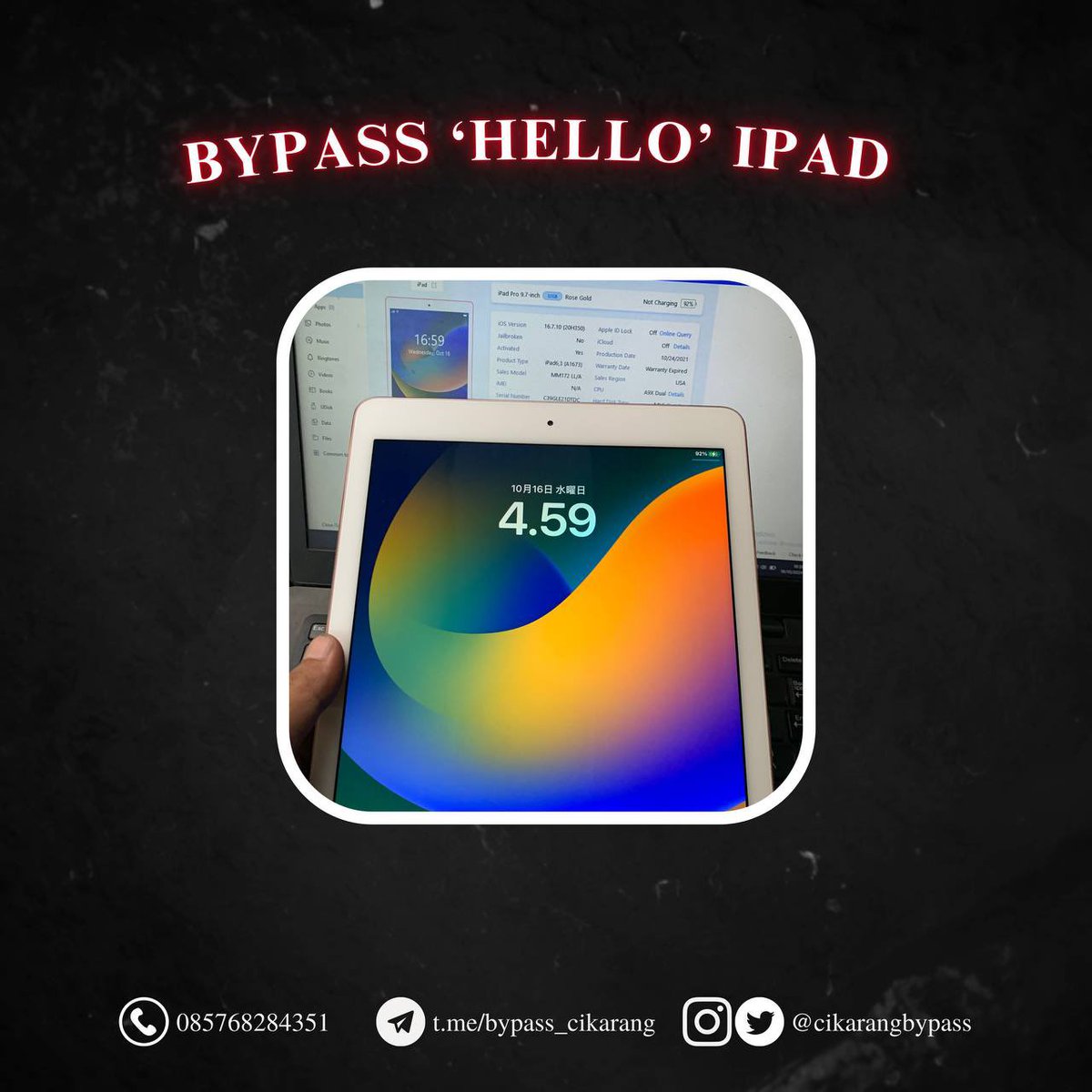cikarangbypass's tweet photo. SUCCESSFULLY REPORTS ☕️

✅ iPad 10th MDM iOS 17.7
✅ iPad Pro 9.7 Inch WiFi iOS 16.7.10
✅ iPhone 6s hello screen iOS 15.8.3

Need register SN &amp; remotely services? WhatsApp: 085768284351 https://t.co/aMJ4MYW9GS