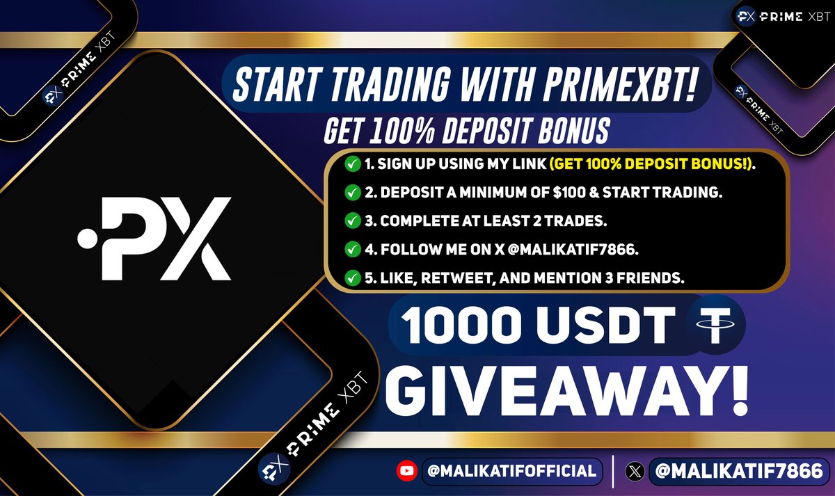 🎁$1000 Big #Giveaway with <a href="/PrimeXBT/">PrimeXBT</a> 🎉

How To Join?
1. Link: u.primexbt.com/Malik
2. Make your first deposit $100
3. Complete 2 Trades
4. Follow me
5. Like, RT, Mention 3 friends

Send me DM with screenshot after deposit done.

Result will announce on 1st November!
Good Luck