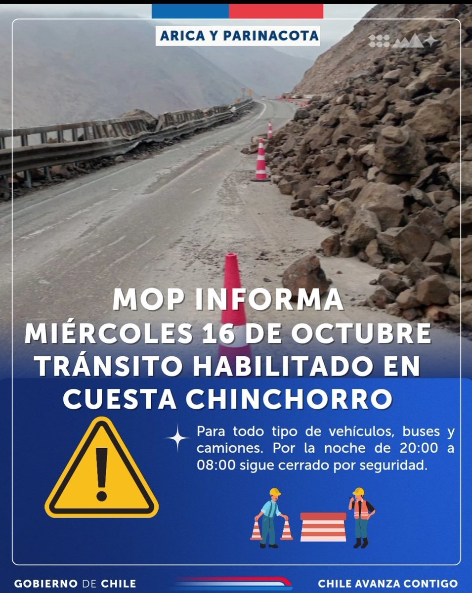 moparica's tweet photo. 🟢MOP INFORMA  a esta hora Miércoles 16 de octubre tránsito 👉 habilitado en ruta 5 cuesta Chinchorro.
✅️Recuerde entre 20:00  y 08:00 horas se mantiene cerrado al paso de todo tipo de vehículos.
✅️Se recomienda precaución a quienes circulen 🛻🚛por la zona afectada. 👷‍♀️🚧👷 https://t.co/SBBp1Xg1a0