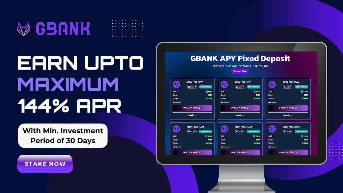 🚀 Exciting News! Our new staking DApp is LIVE! 💰 Earn up to 144% APR with a minimum investment period of just 30 days. 

Maximize your $GBK rewards with seamless staking and instant withdrawals! 🔥 Don’t miss out!

 #GBKToken #CryptoStaking #DeFi #CryptoRewards #StakingDApp