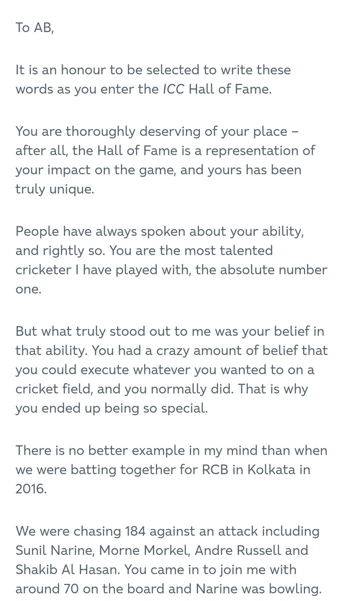 mufaddal_vohra's tweet photo. Virat Kohli's letter to AB De Villiers congratulating him on being inducted into ICC Hall of Fame. 🤯❤️ https://t.co/fFK5edfmKw