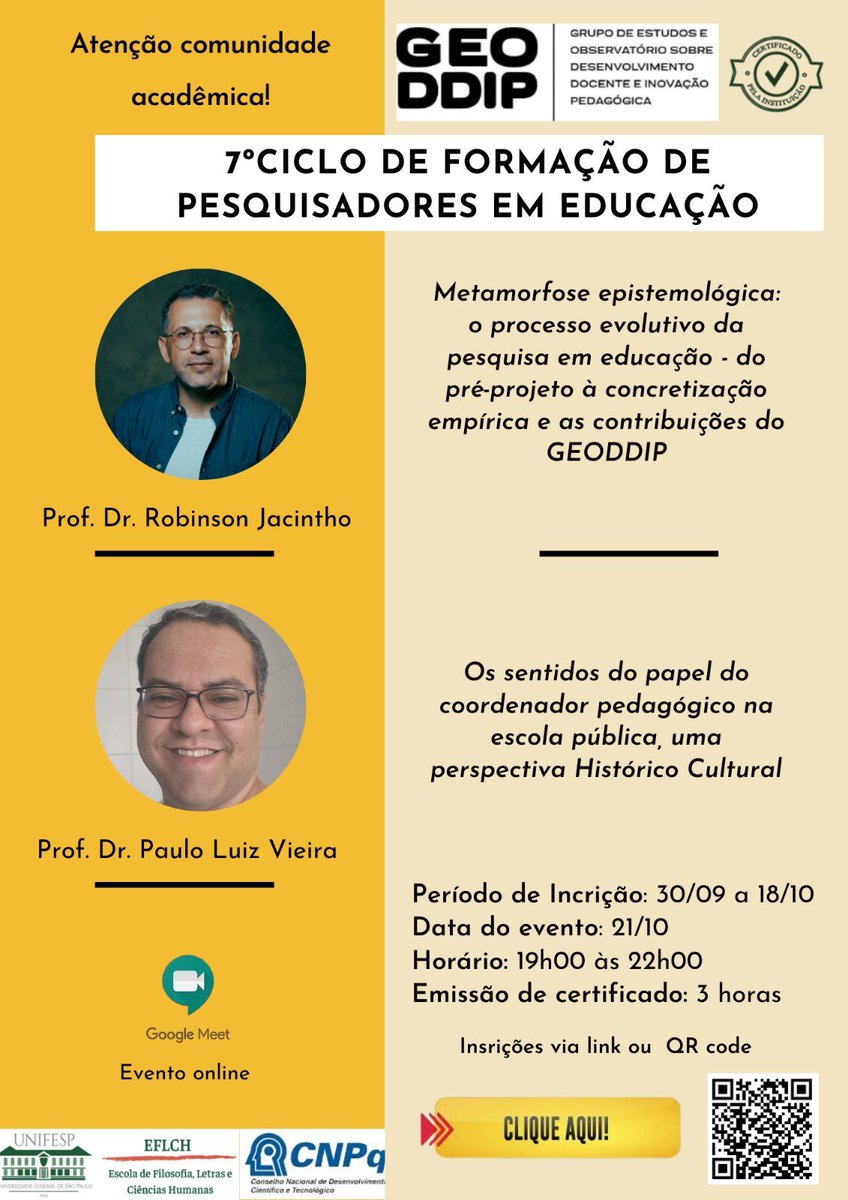 RobinsonJacinth's tweet photo. Convido todos a participarem do próximo encontro do Ciclo de Formação de Pesquisadores ( UNIFESP @unifespoficial - GEODDIP @geoddip ), onde discutiremos o desenvolvimento de pré-projetos e projetos de pesquisa em Educação. https://t.co/iwNFfAart6