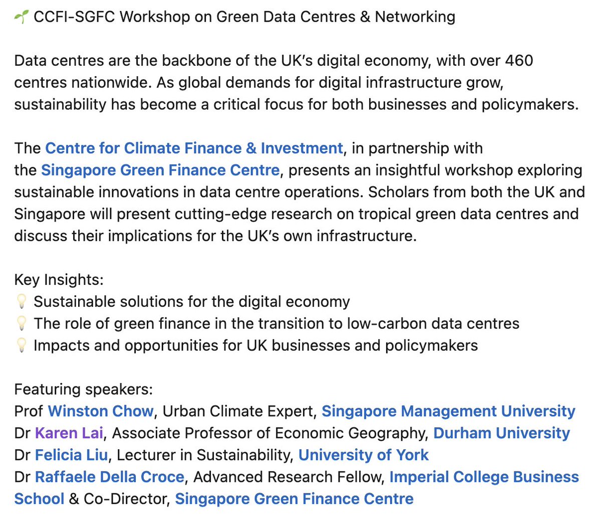 Karen P. Y. Lai (@karenpylai) on Twitter photo ⚡️Join us to discuss tropical data centres and transferrable insights for UK's business & energy infrastructure and net-zero commitments.
☕️In-person workshop on 7 Nov 2024 at <a href="/ImperialBiz/">Imperial Business School</a>.
Registration➡️tinyurl.com/ypr62ved
<a href="/winstontlchow/">Winston Chow (周祥龙) 🇸🇬</a> <a href="/feliciahmliu/">Felicia H M Liu 廖皓明</a> ⚡️Join us to discuss tropical data centres and transferrable insights for UK's business & energy infrastructure and net-zero commitments.
☕️In-person workshop on 7 Nov 2024 at <a href="/ImperialBiz/">Imperial Business School</a>.
Registration➡️tinyurl.com/ypr62ved
<a href="/winstontlchow/">Winston Chow (周祥龙) 🇸🇬</a> <a href="/feliciahmliu/">Felicia H M Liu 廖皓明</a>