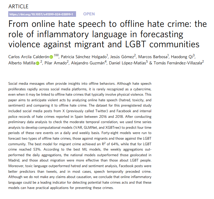 OCA_usal's tweet photo. El día de ayer, @carlosarcila y @PatrixDQV publicaron el artículo "From online hate speech to offline hate crime: the role of inflammatory language in forecasting violence against migrant and LGBT communities" en la revista @HSScomms (JCR-WOS Q1).

Link: https://t.co/LAJ8iU2qRC https://t.co/RT9BE5ZB56
