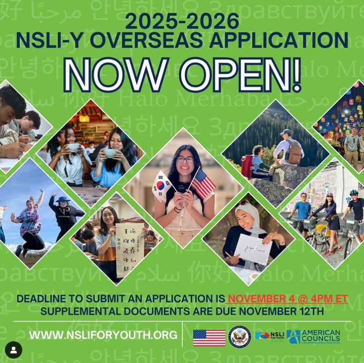 The NSLI-Y Summer 2025 and Academic Year 25-26 application is NOW LIVE!
Learn more about the application at nsliforyouth.org. It will remain open until Nov 4 at 4 PM ET.

#nsliy #exchangeourworld #studyabroad #highschoolstudyabroad #languagelearning #scholarship <a href="/nsliy/">NSLI for Youth</a>