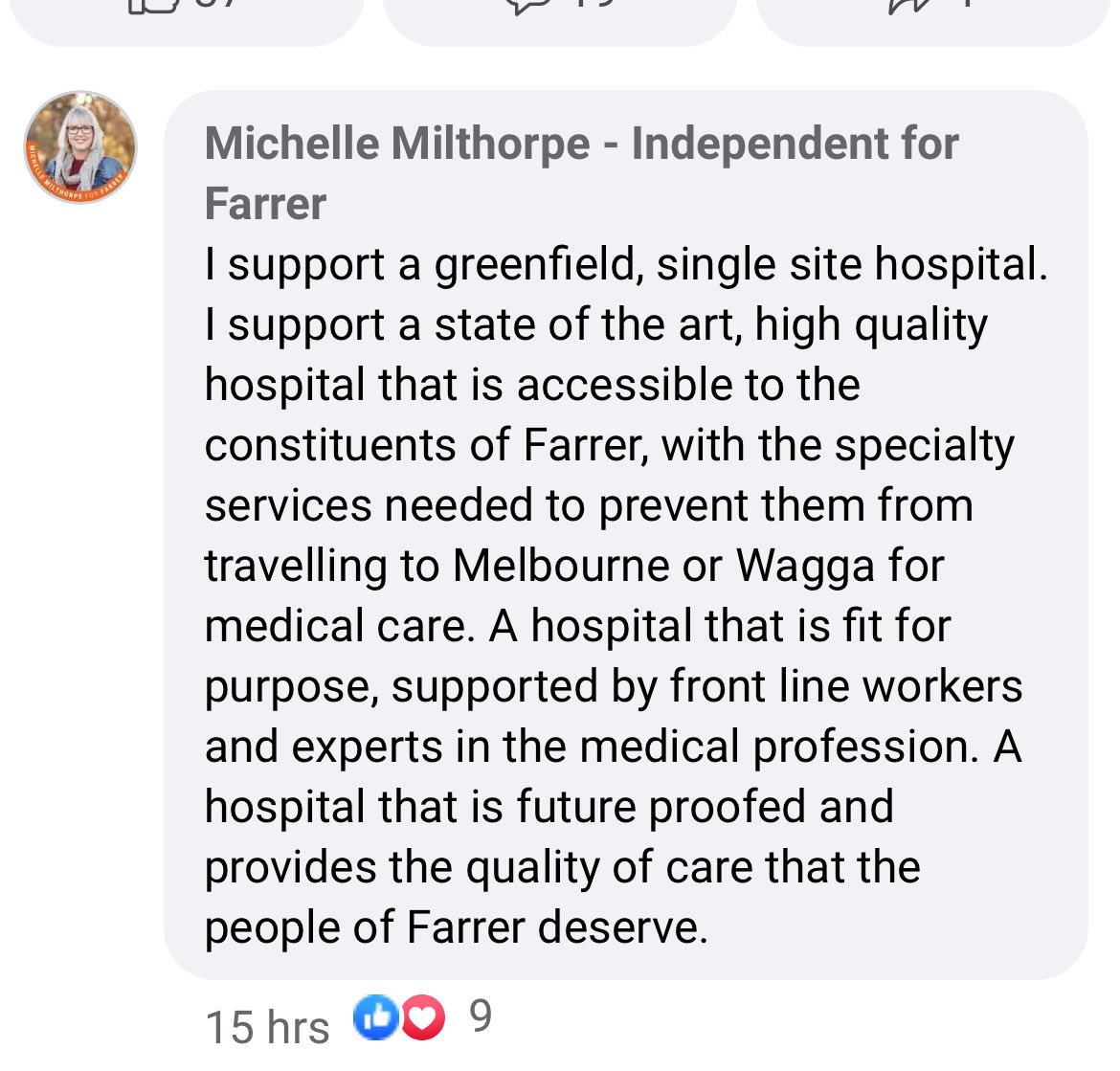 Thankyou to <a href="/michelle4farrer/">Michelle Milthorpe</a> for not only attending the Albury council on Monday to listen to the proposal put forward by Cr Hudson, and for making it clear your position on the Albury Wodonga redevelopment- no doublespeak, no dancing around the subject….