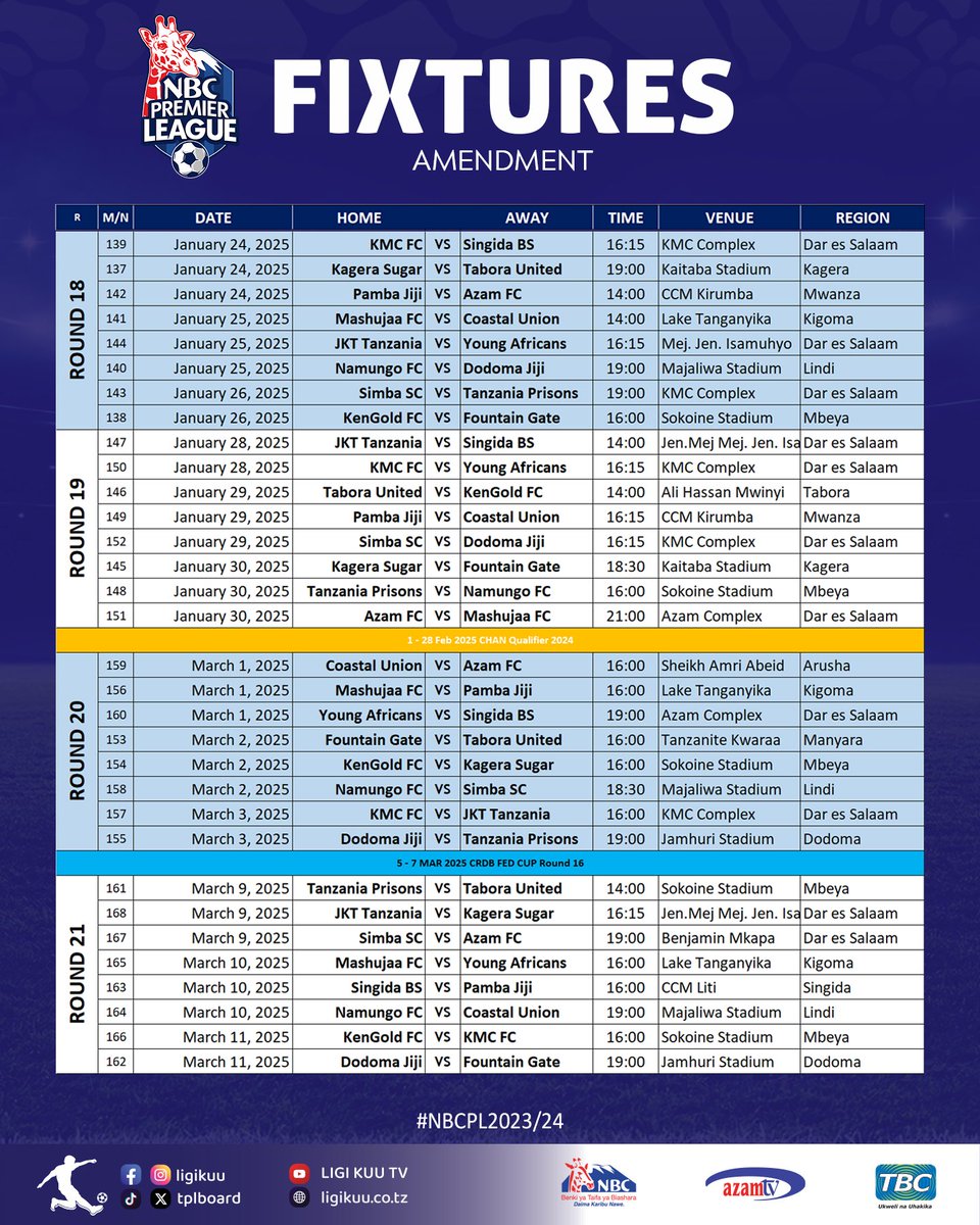 tplboard's tweet photo. #LigiKuuIsBack #NBCPLFixtures
Ratiba ya @ligikuu ya @nbc_tanzania msimu wa 2024/2025.
@Tanfootball @NBCTanzania @azamtvtz @TBConlineTZ https://t.co/v1PVIEF93h