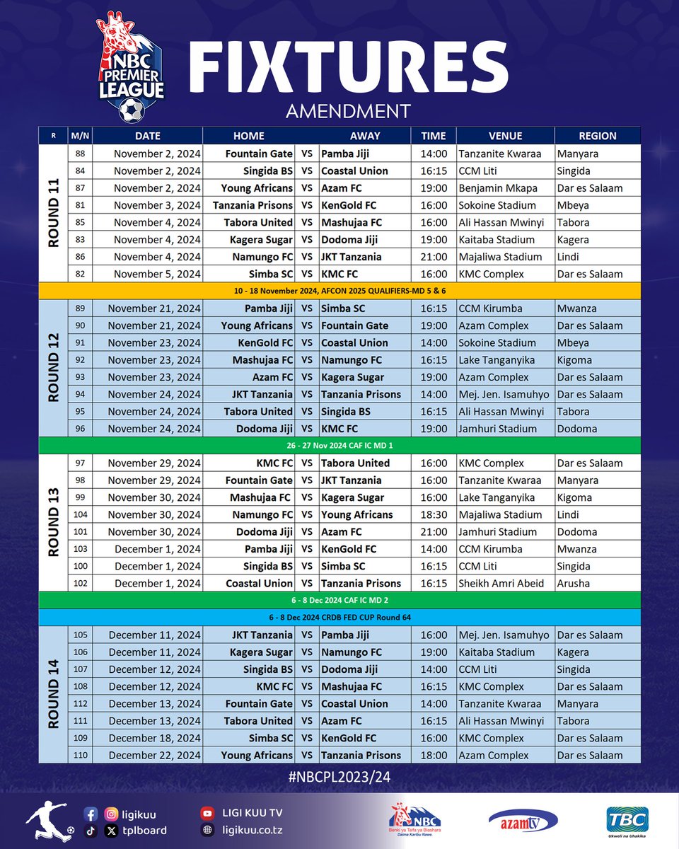 tplboard's tweet photo. #LigiKuuIsBack #NBCPLFixtures
Ratiba ya @ligikuu ya @nbc_tanzania msimu wa 2024/2025.
@Tanfootball @NBCTanzania @azamtvtz @TBConlineTZ https://t.co/v1PVIEF93h