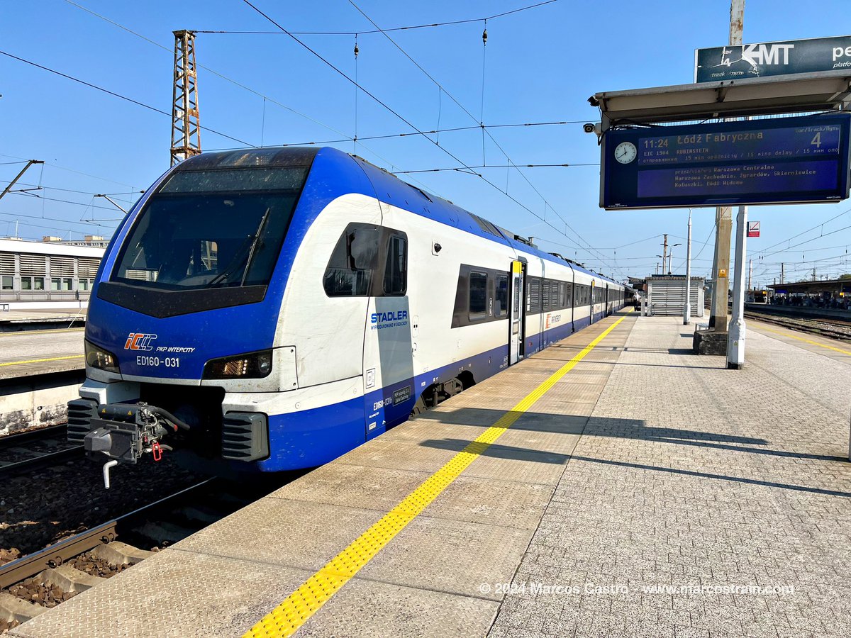 marcostrain's tweet photo. 🚆🇵🇱 From Warszawa Wschodnia to Łódź Fabryczna on the #IC1904, worked by this #ED160. I wanted to try out how these Stadler FLIRT trains for long-distance services performed. They can reach speeds of 160 km/h, completing the 135 km journey in 1h 38min. I was pleasantly surprised! https://t.co/0HkASkmUMa