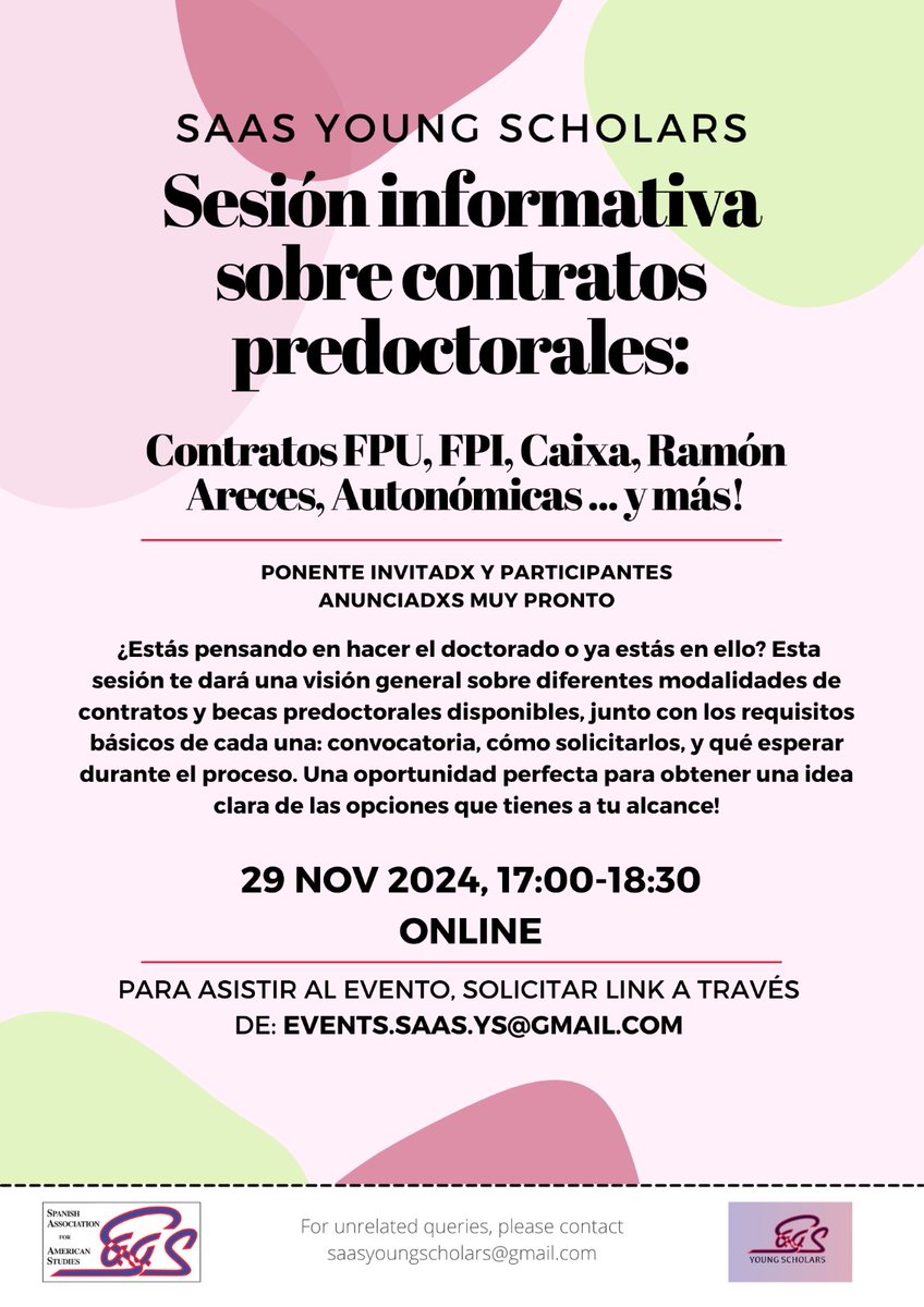 😍📢¡Nos hace mucha ilusión compartir nuestro próximo encuentro virtual sobre contratos predocs! ¡Os esperamos a todxs con preguntas a las que nuestrxs ponentes e invitadxs darán respuesta!
💌Inscripción gratuita: events.saas.ys@gmail.com
📆29 noviembre, 17-18:30h
🤓Stay tuned!