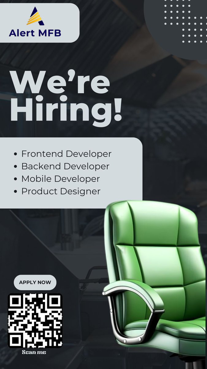 AramideOyekunle's tweet photo. Multiple Hiring at Alert MFB

Location: Yaba, Lagos
Job Type: Full-Time HYBRID

- Frontend Developer
- Backend Developer
- Mobile Developer
- Product Designer

Here’s the link to our application form for more details: https://t.co/KsEkfQXIIZ https://t.co/UQ3Zg41gg7