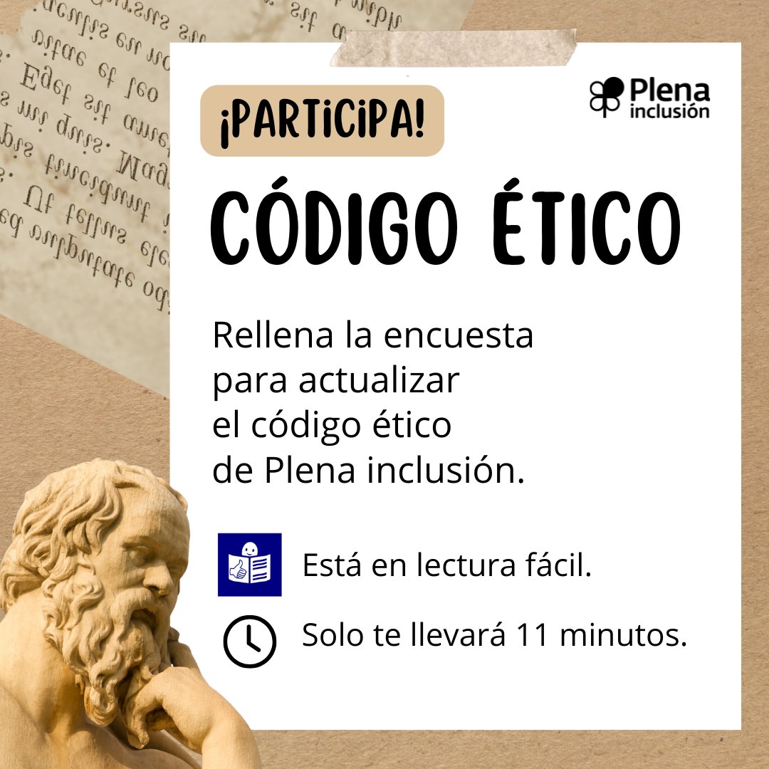 Participa en la encuesta para actualizar el código ético de Plena inclusión

👍 Está en #lecturafácil
⌚️ Tardas 11 minutos
🤳 Comparte y ayúdanos a difundir

⬇️ Enlace
plenainclusion.org/participa/acci…

🏷️ #ética