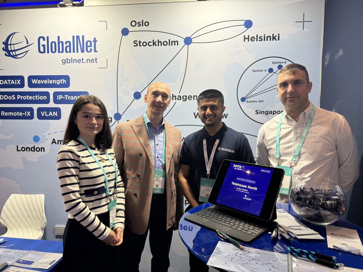 gnm_gnmix's tweet image. Brand New Day at Capacity Europe!

Come visit us at booth #707.

Pictured here are the GlobalNet Team along with our colleagues from Plusnet, as well as Telehouse and COLOBIX.

#globalnet #capacity #dwdm #CapacityEurope