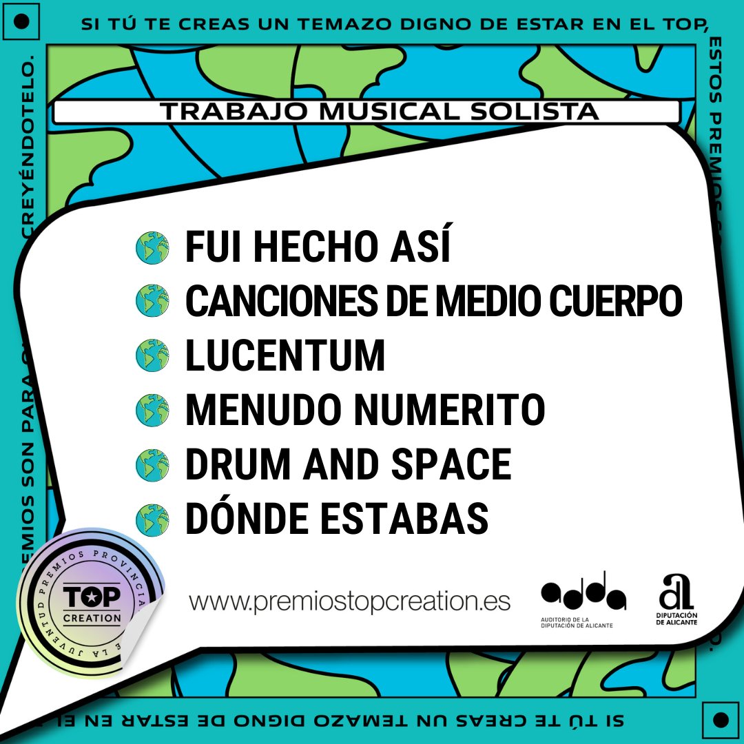 dipuALCjuventud's tweet photo. Los temas finalistas de Trabajo Musical Solista son...
➡FUI HECHO ASÍ, Jorge Castaño
➡CANCIONES DE MEDIO CUERPO, Belén Devesa
➡LUCENTUM, @soydanimiralles 
➡MENUDO NUMERITO, @irenecocolesss
➡DRUM AND SPACE, @gabricanestro
➡DÓNDE ESTABAS, Luis García.
¡¡Menudos temazos!! https://t.co/VTnDI5Krgp