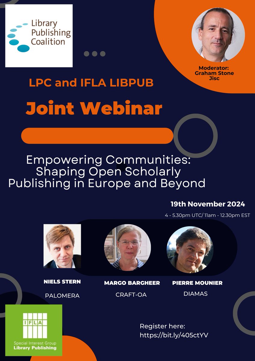 Please join us for fascinating insights into the groundbreaking European Diamond OA projects, DIAMAS, CRAFT-OA, and PALOMERA, on Tuesday, November 19th. This event is free but booking is essential: bit.ly/405ctYV

IFLA LIBPUB Library Publishing Coalition