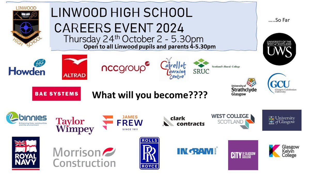 Careers Event Day 24th October for pupils from 2.00-5.30pm. Parents are welcome to join pupils from 4.00-5.30pm. We look forward to seeing you.