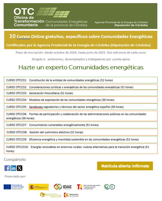 BottomConsultor's tweet photo. Agencia Provincial de la Energía de Córdoba. Cursos online gratuitos sobre Comunidades Energéticas.

Dirigidos a: #autónomos, #desempleados y #trabajadoresporcuentaajena

¡Matrícula abierta: Infórmate!: 
https://t.co/Pj1JQhPrtR https://t.co/LMKBvgpmdk