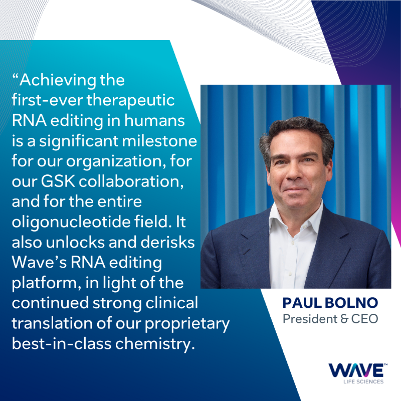 AlisonFein's tweet photo. RT @WaveLifeSci: We are excited to announce we have achieved the first-ever therapeutic #RNAediting in humans in our RestorAATion-2 trial o…