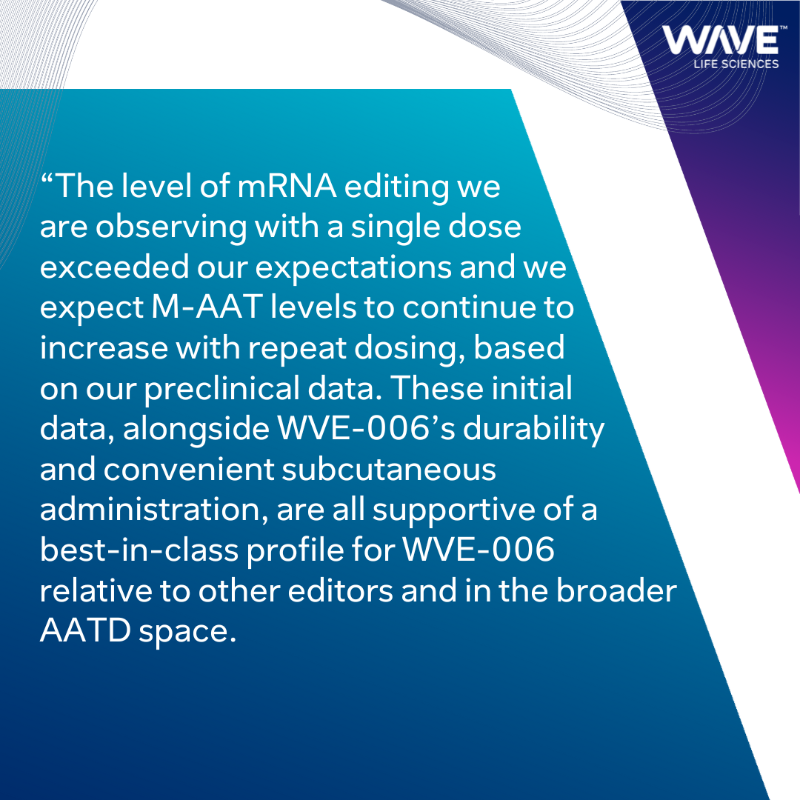 AlisonFein's tweet photo. RT @WaveLifeSci: We are excited to announce we have achieved the first-ever therapeutic #RNAediting in humans in our RestorAATion-2 trial o…