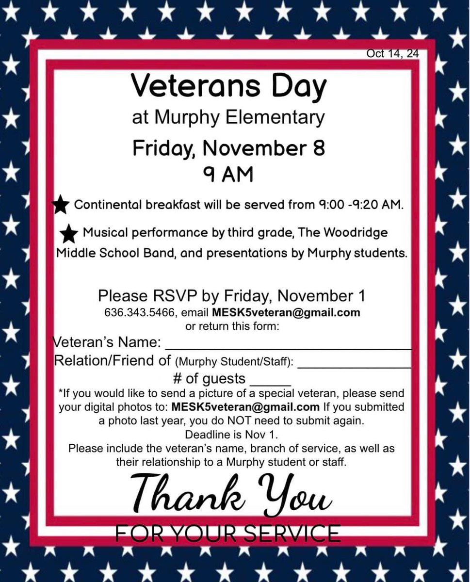 LionsOfMES's tweet photo. Families, keep an eye out for this special invitation coming home today! We’re excited to celebrate Veterans Day at Murphy on November 8 and honor the heroes in our community Please RSVP by November 1. #VeteransDay #MurphyElementary #ThankYouForYourService @ksdknews https://t.co/u1OcwWRxbx