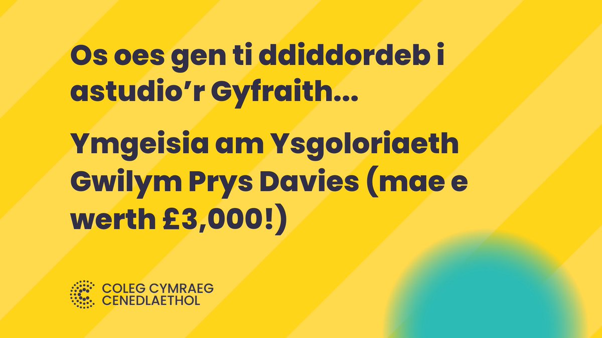 Llongyfarchiadau i’n enillydd eleni! 🎉<a href="/prifysgolbangor/">Prifysgol Bangor</a> <a href="/CangenBangor/">Cangen Bangor CCC</a> 

Os ydych chi, neu os ydych chi’n adnabod rhywun sydd â ddiddordeb i astudio’r Gyfraith, mae modd ymgeisio ar gyfer Ysgoloriaeth Gwilym Prys Davies i dderbyn £3000

Ymgeisio yma:
colegcymraeg.ac.uk/myfyrwyr/prify…
