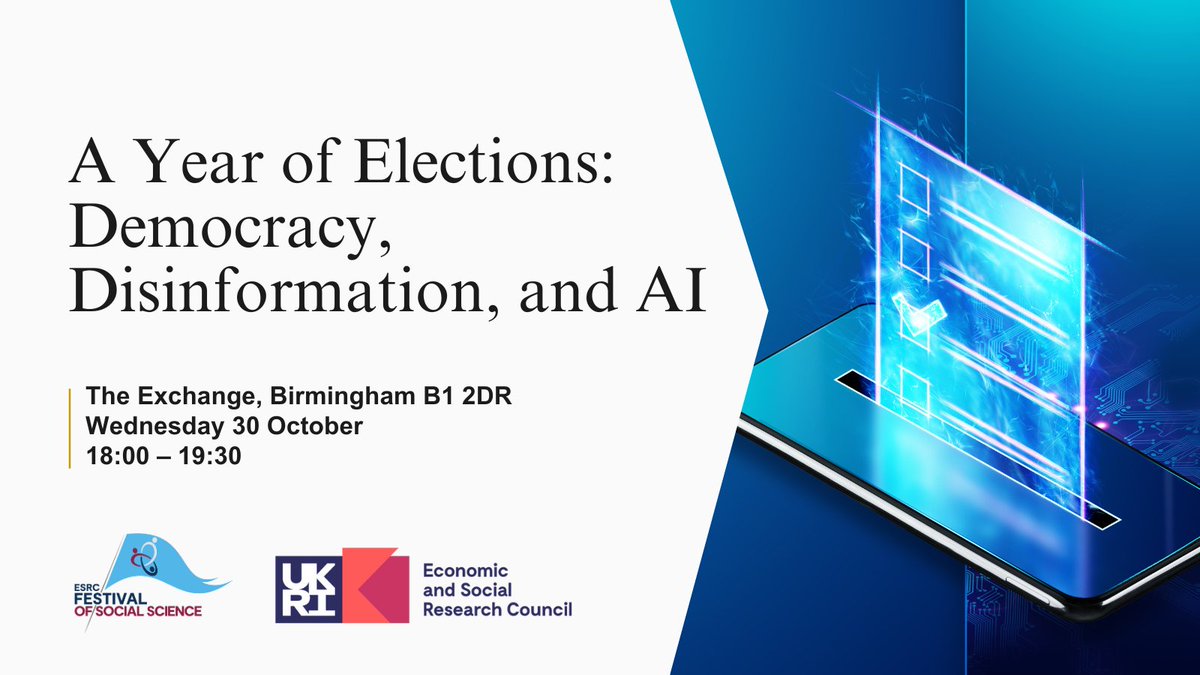 College of Social Sciences (@coss_birmingham) on Twitter photo Explore how AI is transforming news sharing & its role in spreading – and fighting – disinformation globally.
Panellists include <a href="/uobcompsci/">UoB Computer Science</a>'s Prof. Russell Beale, <a href="/CEDAR_Bham/">CEDAR</a>'s Prof. <a href="/Fromagehomme/">Nic Cheeseman</a>, <a href="/BhamPolsis/">POLSIS Birmingham</a>'s Dr <a href="/KamraLipika/">Lipika Kamra</a> & Prof. René Lindstädt.
➡️ birmingham.ac.uk/events/the-exc… Explore how AI is transforming news sharing & its role in spreading – and fighting – disinformation globally.
Panellists include <a href="/uobcompsci/">UoB Computer Science</a>'s Prof. Russell Beale, <a href="/CEDAR_Bham/">CEDAR</a>'s Prof. <a href="/Fromagehomme/">Nic Cheeseman</a>, <a href="/BhamPolsis/">POLSIS Birmingham</a>'s Dr <a href="/KamraLipika/">Lipika Kamra</a> & Prof. René Lindstädt.
➡️ birmingham.ac.uk/events/the-exc…