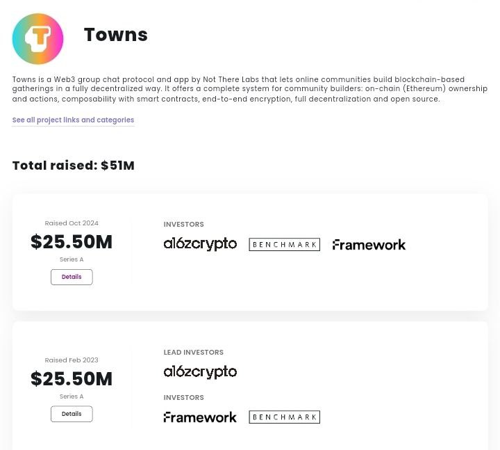 𝗧𝗼𝘄𝗻𝘀 𝗦𝗼𝗰𝗶𝗮𝗹 
𝗕𝗮𝗰𝗸𝗲𝗱 𝗯𝘆 𝗮𝟭𝟲𝘇 𝗮𝗻𝗱 𝗼𝘁𝗵𝗲𝗿𝘀 𝘃𝗲𝗻𝘁𝘂𝗿𝗲𝘀 
 𝗥𝗮𝗶𝘀𝗲𝗱 𝗮 𝘄𝗵𝗼𝗽𝗽𝗶𝗻𝗴 $𝟱𝟭𝗠

✅ Go to app.towns.com
➖ Create Account [Email]
➖ Click Profile 
➖ Wallet - Connect your Wallet 
➖ Click " Create town "
➖ Enter the