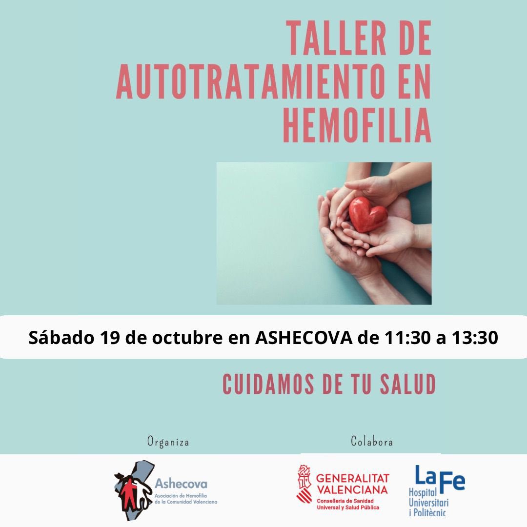 ASHECOVA's tweet photo. TALLER DE AUTOTRATAMIENTO EN HEMOFILIA
🗓️Sábado 19 octubre de 11:30 a 13:30 en la sede de @ASHECOVA
Os esperamos para aprender o refrescar técnicas para aplicar el factor.
#hemofilia #tratamiento #taller #ashecova https://t.co/7uUF4tzcN0