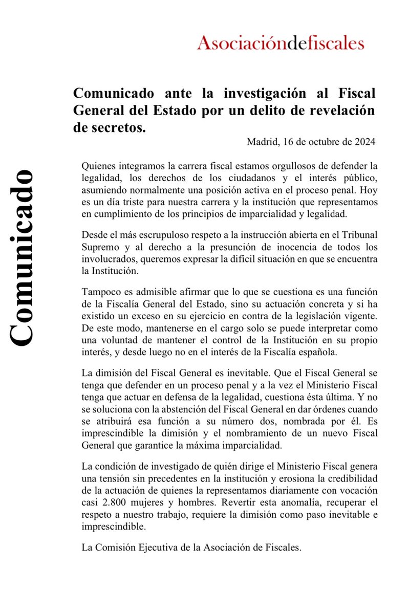 AFiscales's tweet photo. 📄 Comunicado de la AF ante la investigación al FGE por un delito de revelación de secretos. https://t.co/i9xxWqQFJI