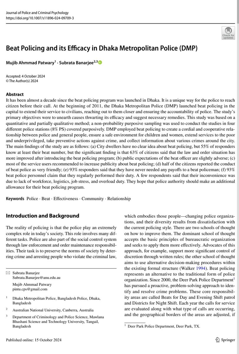 New Publication: One of my co-authored research articles was published yesterday in Springer Nature on "Beat Policing and its Efficacy in Dhaka Metropolitan Police (DMP)", Journal of Police and Criminal Psychology, doi.org/10.1007/s11896…
