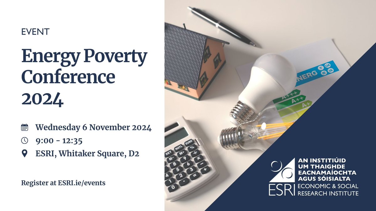 Economic and Social Research Institute (ESRI) (@esridublin) on Twitter photo EVENT | Join us for the ESRI's Energy Poverty Conference 2024
This conference will bring together academics and policymakers to discuss the latest on energy poverty research.
🗓 Wednesday 6 November 2024
⌚ 9:00 - 12.35
📍 <a href="/ESRIDublin/">Economic and Social Research Institute (ESRI)</a>
Register here: esri.ie/events/energy-… EVENT | Join us for the ESRI's Energy Poverty Conference 2024
This conference will bring together academics and policymakers to discuss the latest on energy poverty research.
🗓 Wednesday 6 November 2024
⌚ 9:00 - 12.35
📍 <a href="/ESRIDublin/">Economic and Social Research Institute (ESRI)</a>
Register here: esri.ie/events/energy-…
