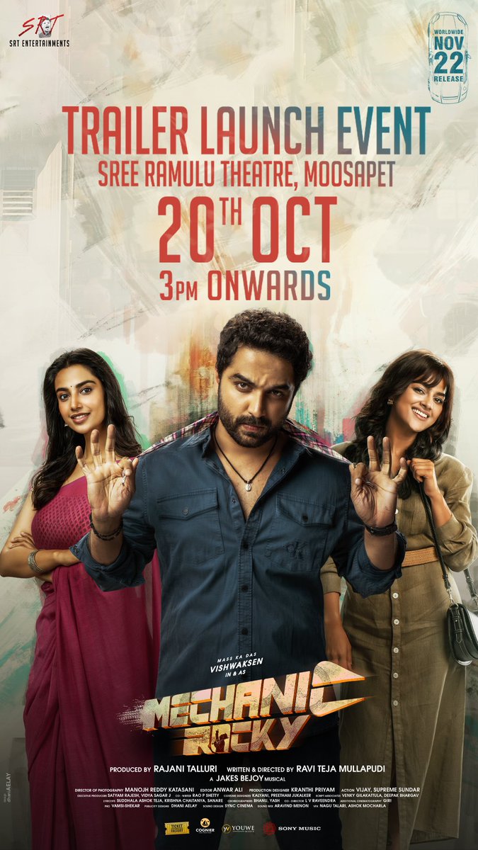 Shraddha Srinath (@shraddhasrinath) on Twitter photo Get ready!
Coming to you, with a trailer launch π₯³
πSree Ramulu Theatre
ποΈ 20th October
π 3 pm
Letβs ROCK it with #MechanicRocky β€οΈβπ₯
See you all there π₯
#MechanicRockyOnNOV22 π
'Mass Ka Das' <a href="/VishwakSenActor/">VishwakSen</a> <a href="/itsRamTalluri/">Ram Talluri</a> <a href="/RaviTejaDirects/">Ravi Teja Mullapudi</a> <a href="/Meenakshiioffl/">Meenakshii Chaudhary</a> <a href="/ShraddhaSrinath/">Shraddha Srinath</a> Get ready!
Coming to you, with a trailer launch π₯³
πSree Ramulu Theatre
ποΈ 20th October
π 3 pm
Letβs ROCK it with #MechanicRocky β€οΈβπ₯
See you all there π₯
#MechanicRockyOnNOV22 π
'Mass Ka Das' <a href="/VishwakSenActor/">VishwakSen</a> <a href="/itsRamTalluri/">Ram Talluri</a> <a href="/RaviTejaDirects/">Ravi Teja Mullapudi</a> <a href="/Meenakshiioffl/">Meenakshii Chaudhary</a> <a href="/ShraddhaSrinath/">Shraddha Srinath</a>