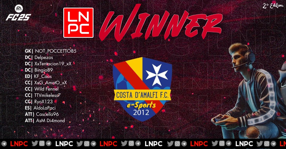 LNPC - Cup & League (@lnpcup) on Twitter photo Complimenti ai #CostaAmalfi per aver vinto il nostro 2° torneo serale su FC 25!!!
<a href="/luca_lnpc/">Luca - LNPC</a> Complimenti ai #CostaAmalfi per aver vinto il nostro 2° torneo serale su FC 25!!!
<a href="/luca_lnpc/">Luca - LNPC</a>