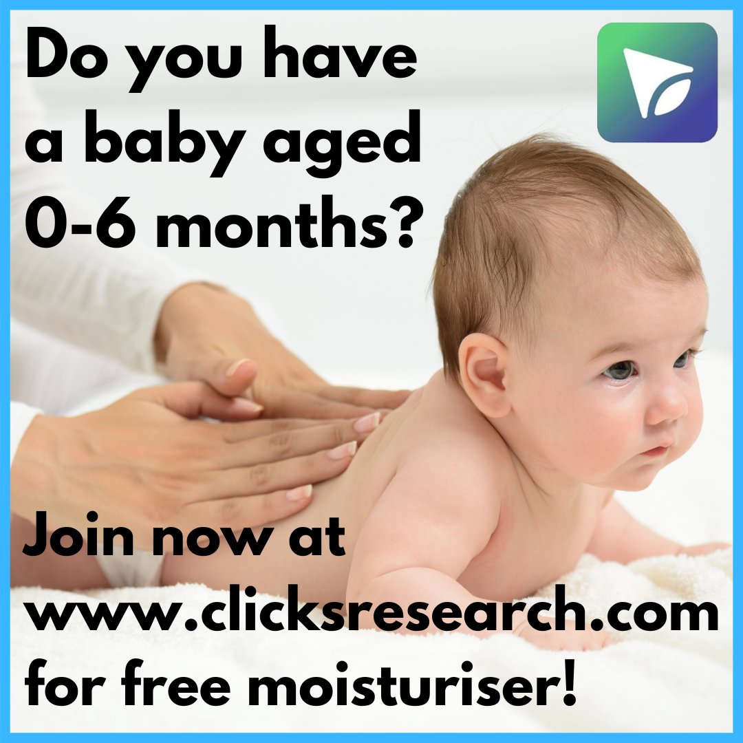 Clicks_Research's tweet photo. We're recruiting volunteers with babies aged 0-6 months living in the UK to trial a moisturiser (fully safety tested). To receive this freebie, sign up at https://t.co/rtiaw1bafN and add them to your Clicks Research account under 'My Family Members', as soon as possible. https://t.co/hVnCltkblW